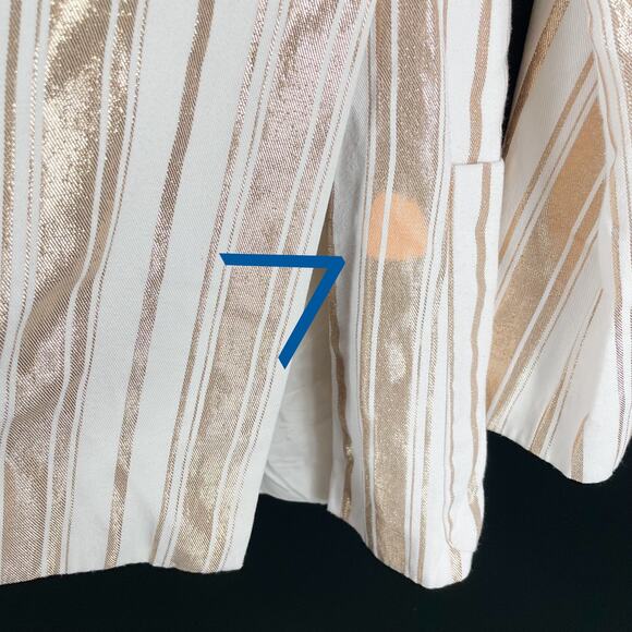 7 for All Mankind Shine Blazer Ivory Gold Stripe Button Front Double Breast Sz L - Picture 13 of 16